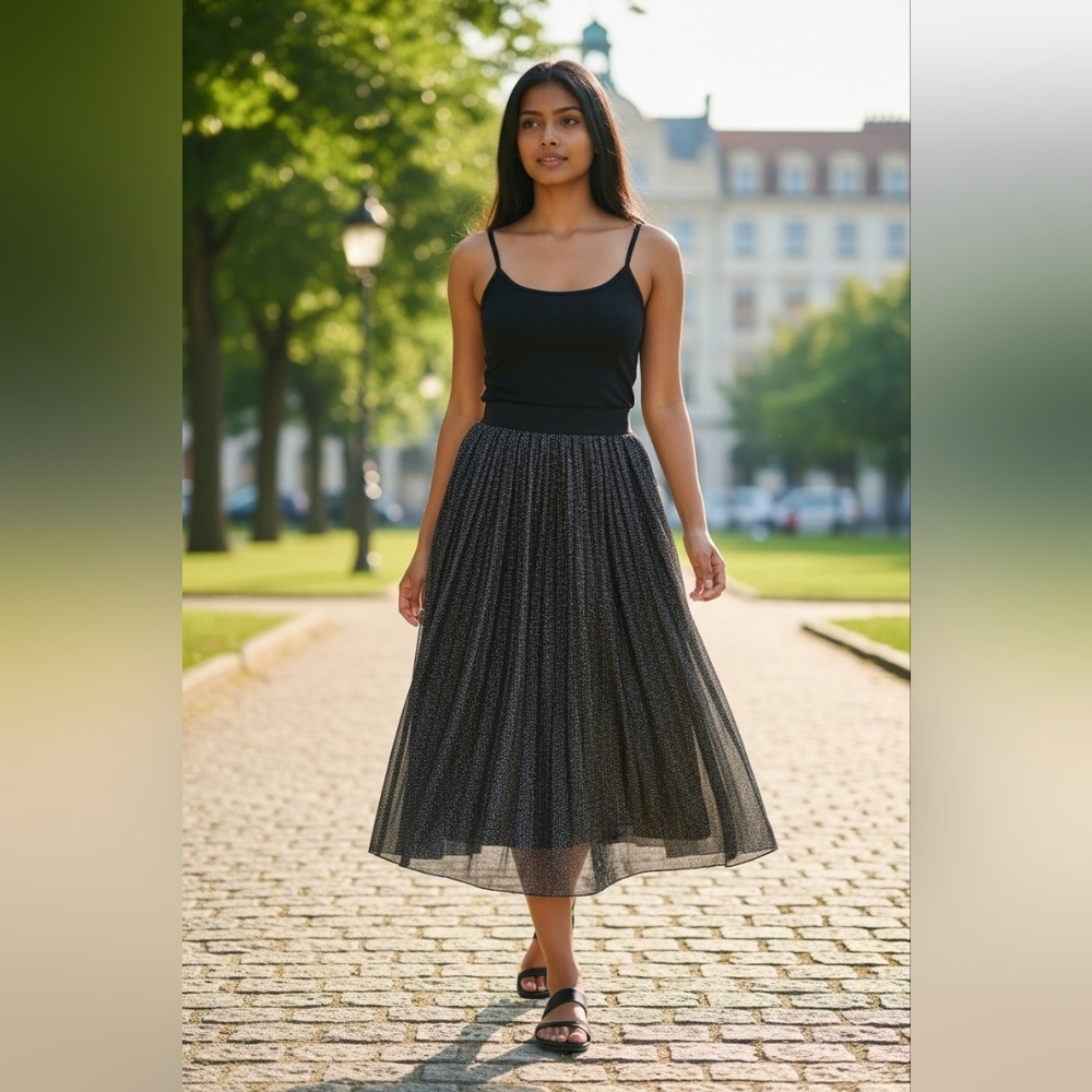 Old Navy Black Shimmer Flowy Midi Skirt XS Elastic Waist Cottagecore Romantic